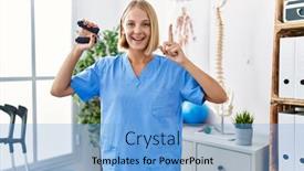  Presentation with muscle - Slide deck consisting of young-caucasian-physiotherapist-woman-holding background and a  colored foreground