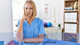  Presentation with face pain - PPT layouts with young-caucasian-physiotherapist-woman-working background and a light blue colored foreground