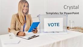  Presentation with party - PPT theme with young-caucasian-politic-party-worker background and a light gray colored foreground