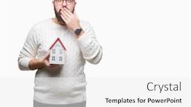  Presentation with secret agent - PPT theme having young caucasian real state agent man holding house isolated background cover mouth with hand shocked with shame for mistake expression of fear scared in silence secret concept background and a white colored foreground