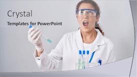  Presentation with mad scientist - Presentation theme with young-caucasian-scientist-woman-working background and a light gray colored foreground