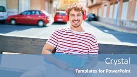  Presentation with man sitting bench - Slide deck having young-caucasian-skater-man-smiling background and a teal colored foreground