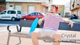  Presentation with man sitting bench - PPT layouts featuring young-caucasian-skater-man-smiling background and a lemonade colored foreground