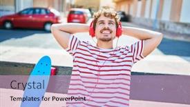  Presentation with man sitting bench - PPT theme enhanced with young-caucasian-skater-man-smiling background and a lemonade colored foreground
