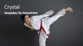  Presentation with kimono - PPT theme having young-caucasian-sportsman-dressed background and a dark gray colored foreground