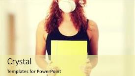  Presentation with viruses - PPT theme featuring young caucasian student woman with mask on her face she is defending her self from viruses background and a blonde colored foreground