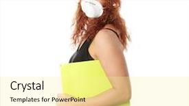  Presentation with viruses - Beautiful PPT theme featuring young caucasian student woman with mask on her face she is defending her self from viruses isolated on white backdrop and a blonde colored foreground