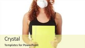  Presentation with viruses - Slides with young caucasian student woman with mask on her face she is defending her self from viruses isolated on white background and a blonde colored foreground