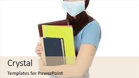  Presentation with viruses - Amazing PPT theme having young caucasian student woman with mask on her face she is defending her self from viruses isolated on white backdrop and a lemonade colored foreground