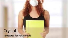  Presentation with viruses - PPT layouts with young caucasian student woman with mask on her face she is defending her self from viruses background and a coral colored foreground