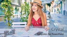  Presentation with coffe - PPT theme featuring young-caucasian-tourist-girl-smiling background and a light blue colored foreground