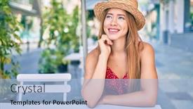  Presentation with coffe - Colorful slides enhanced with young-caucasian-tourist-girl-smiling backdrop and a light blue colored foreground