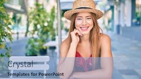  Presentation with coffe - Colorful theme enhanced with young-caucasian-tourist-girl-smiling backdrop and a light blue colored foreground