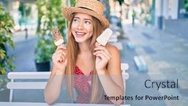  Presentation with ice cream - PPT layouts consisting of young-caucasian-tourist-girl-smiling background and a light blue colored foreground