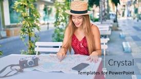  Presentation with coffe - PPT theme consisting of young-caucasian-tourist-girl-smiling background and a light blue colored foreground