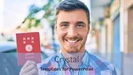  Presentation with passport - Slide deck consisting of young-caucasian-tourist-man-smiling background and a light blue colored foreground