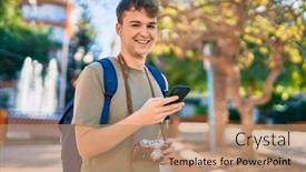  Presentation with tourist - Audience pleasing theme consisting of young-caucasian-tourist-man-smiling backdrop and a coral colored foreground