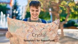  Presentation with city map - PPT theme with young-caucasian-tourist-man-smiling background and a soft green colored foreground