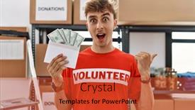  Presentation with volunteer - PPT theme consisting of young-caucasian-volunteer-man-holding background and a red colored foreground