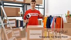  Presentation with volunteer - Presentation design with young-caucasian-volunteer-man-packing background and a coral colored foreground