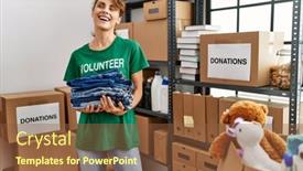  Presentation with volunteer - PPT theme enhanced with young-caucasian-volunteer-woman-smiling background and a tawny brown colored foreground