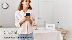  Presentation with college - Presentation theme enhanced with young-caucasian-voter-woman-smiling background and a lemonade colored foreground