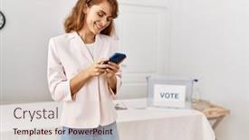  Presentation with college - PPT theme having young-caucasian-voter-woman-smiling background and a lemonade colored foreground