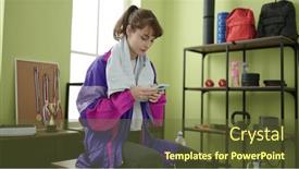  Presentation with exercise sport - Presentation design with young-caucasian-woman-after-doing background and a tawny brown colored foreground