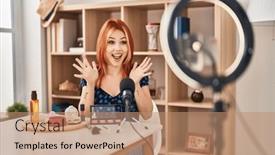  Presentation with victory - PPT theme with young-caucasian-woman-applying-make background and a coral colored foreground