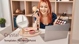  Presentation with makeup - PPT layouts featuring young-caucasian-woman-applying-makeup background and a  colored foreground