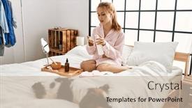  Presentation with skin - Slide set featuring young-caucasian-woman-applying-skin background and a  colored foreground