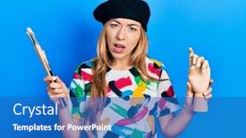  Presentation with artist - PPT theme consisting of young-caucasian-woman-artist-holding background and a teal colored foreground