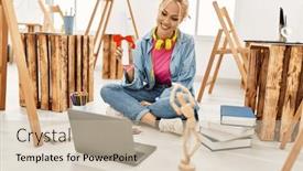  Presentation with diploma - PPT layouts having young-caucasian-woman-artist-holding background and a soft green colored foreground