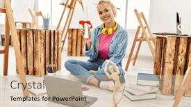  Presentation with diploma - Theme consisting of young-caucasian-woman-artist-holding background and a soft green colored foreground