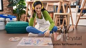  Presentation with music studio - Presentation featuring young-caucasian-woman-artist-listening background and a coral colored foreground