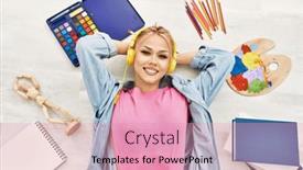  Presentation with music studio - Presentation theme featuring young-caucasian-woman-artist-listening background and a coral colored foreground