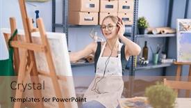  Presentation with music studio - Presentation theme enhanced with young-caucasian-woman-artist-listening background and a coral colored foreground