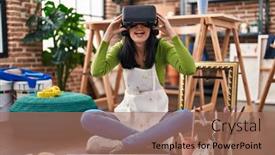  Presentation with virtual reality - Presentation featuring young-caucasian-woman-artist-sitting background and a  colored foreground