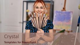  Presentation with art - Slide set having young-caucasian-woman-artist-smiling background and a  colored foreground