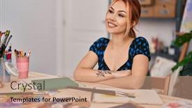  Presentation with art - PPT theme consisting of young-caucasian-woman-artist-smiling background and a coral colored foreground