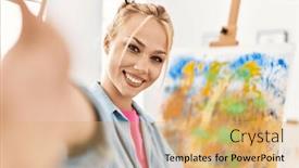  Presentation with selfie - Presentation theme having young-caucasian-woman-artist-smiling background and a yellow colored foreground