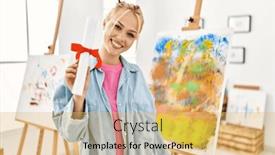  Presentation with diploma - Slides enhanced with young-caucasian-woman-artist-smiling background and a yellow colored foreground