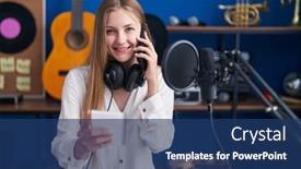  Presentation with music studio - PPT theme enhanced with young-caucasian-woman-artist-talking background and a  colored foreground