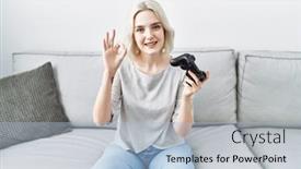  Presentation with video game - Slides with young-caucasian-woman-at-home background and a  colored foreground