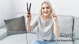 Presentation with home - Presentation theme enhanced with young-caucasian-woman-at-home background and a light blue colored foreground