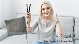  Presentation with home - Theme consisting of young-caucasian-woman-at-home background and a light blue colored foreground