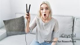  Presentation with home - Presentation theme with young-caucasian-woman-at-home background and a light blue colored foreground