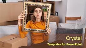  Presentation with new home - Slide deck with young-caucasian-woman-at-new background and a tawny brown colored foreground