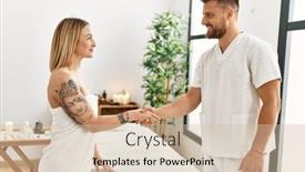  Presentation with massage therapist - Slide set with young-caucasian-woman-at-physiotherapy background and a soft green colored foreground