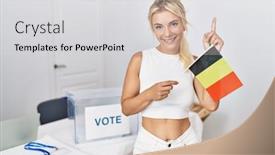  Presentation with political campaign - Slide set enhanced with young-caucasian-woman-at-political background and a light gray colored foreground